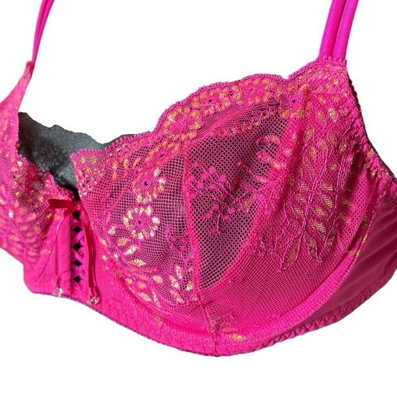Victoria’s Secret mesh bra  unlined demi 34D hot pink/gold Barbie fairy lace up - Picture 2 of 5